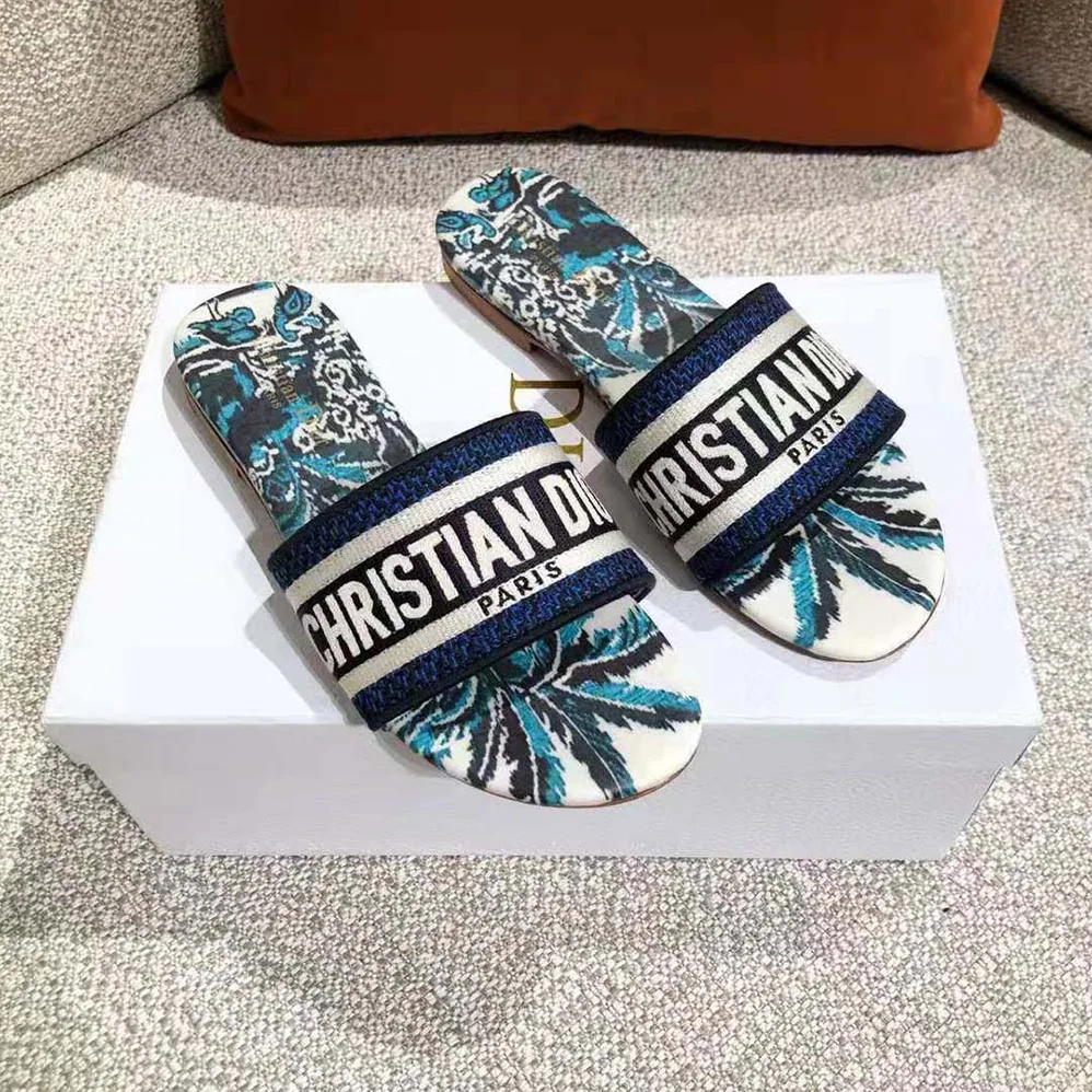 Dior Dway Slide Indigo Blue Dior Palms Embroidered Cotton for Women Dior Dway Slide Indigo Blue Dior Palms Embroidered Cotton for Women