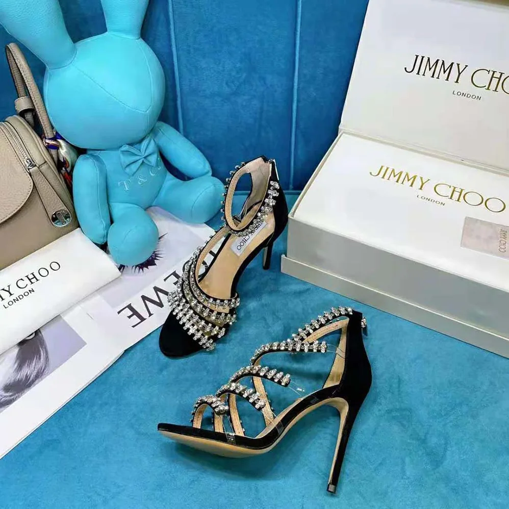Jimmy Choo Josefine 100 Black Suede Sandals with Crystal Embellishment for Women Jimmy Choo Josefine 100 Black Suede Sandals with Crystal Embellishment for Women