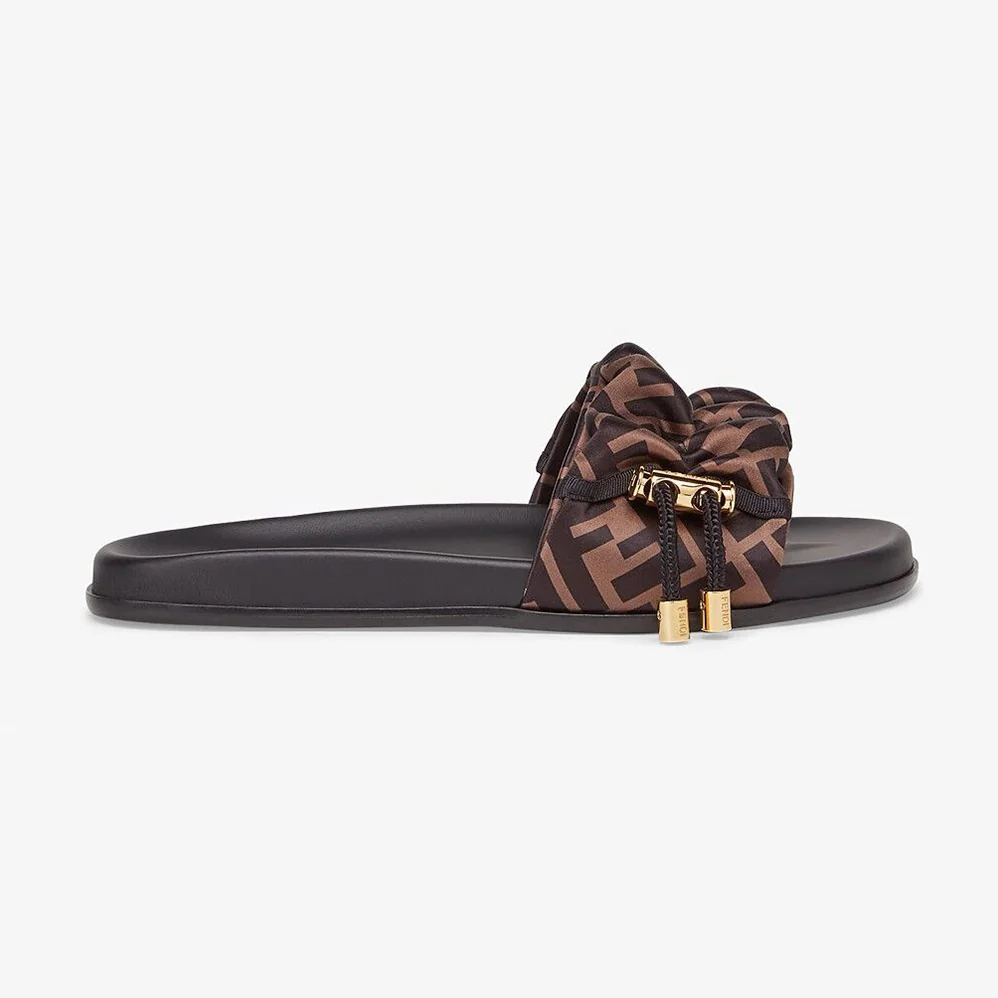 Fendi Vertigo Brown Satin Slides for Women