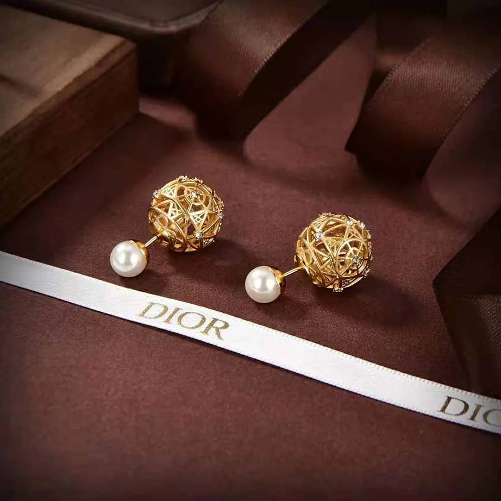 Dior Tribales Earrings Gold-Finish Metal with White Resin Pearls and Silver for Women in Tone Crystals