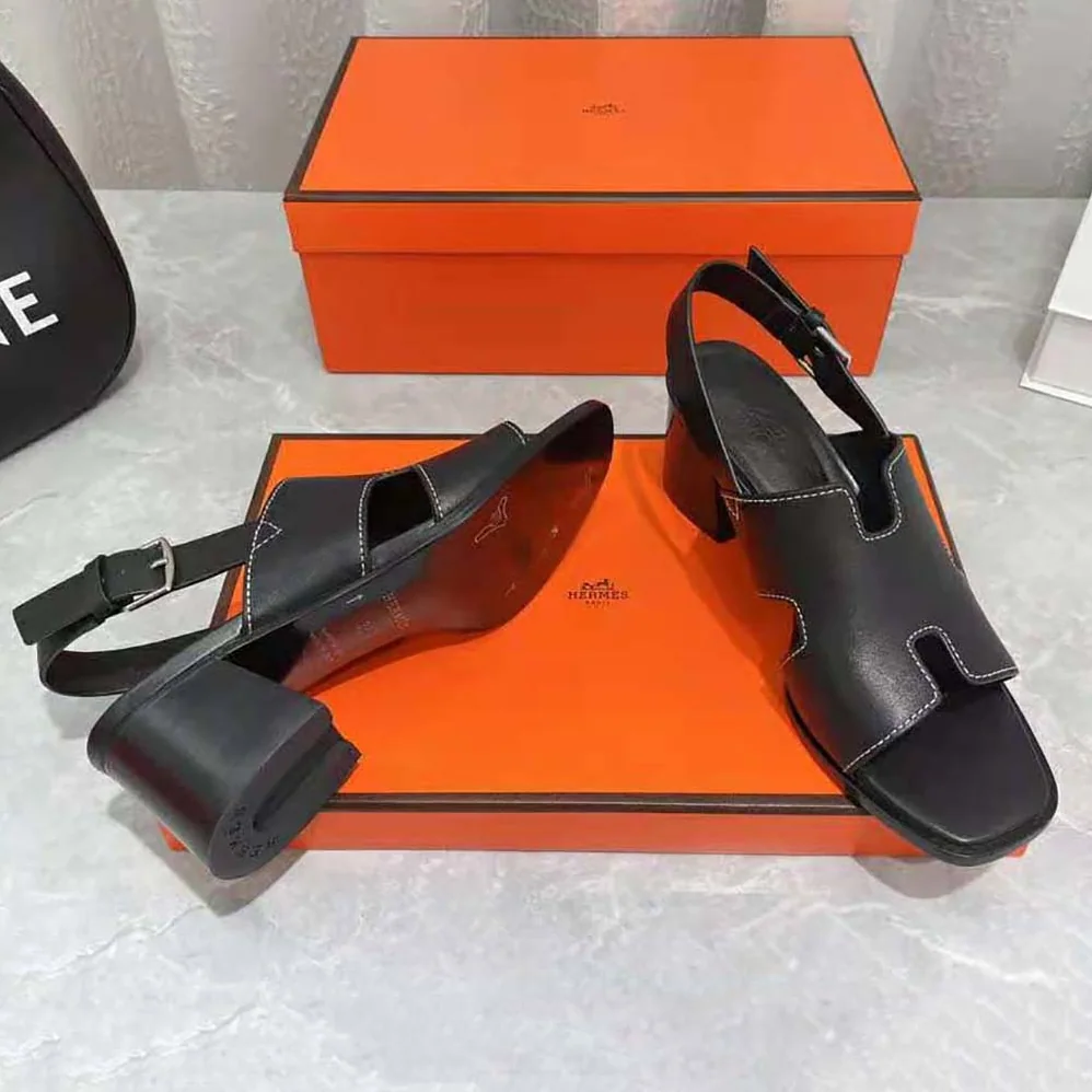 Hermes Elbe 60 Sandal in Calfskin with H Cut-Out Detail for Women in Black Hermes Elbe 60 Sandal in Calfskin with H Cut-Out Detail for Women in Black