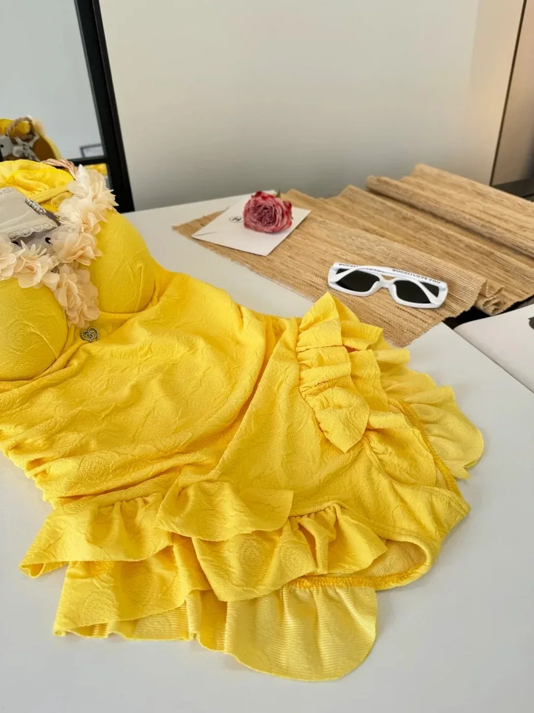 Chanel Vintage Floral Ruffled One in Piece Swimsuit Yellow