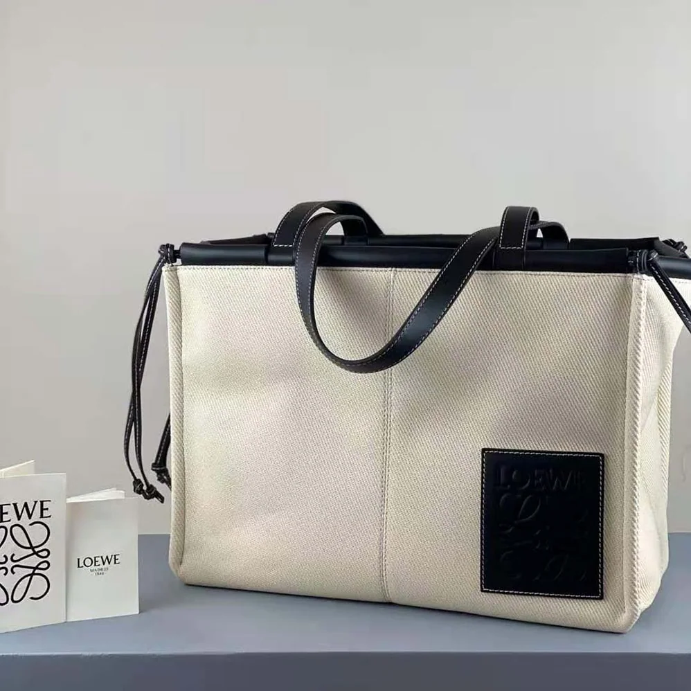 Loewe Cushion Tote Bag in Canvas and Calfskin for Women in Black