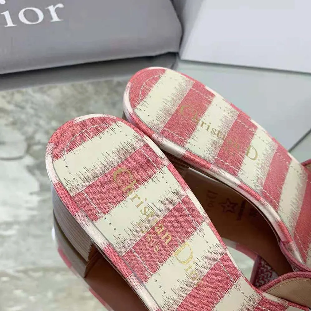 Dior Dway Heeled Slide Dark Nude D for Women in Stripes Embroidered Cotton