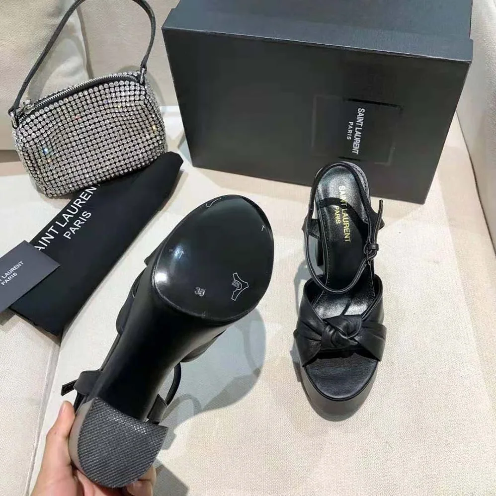 Saint Laurent YSL Bianca Platform Sandals in Smooth Leather for Women in Black