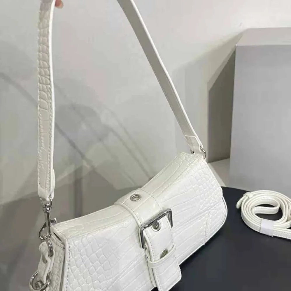 Balenciaga Lindsay Small Shoulder Bag with Strap Crocodile Embossed for Women in White