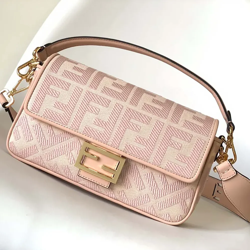 Fendi Baguette Light Pink Denim Bag with FF Embroidery for Women