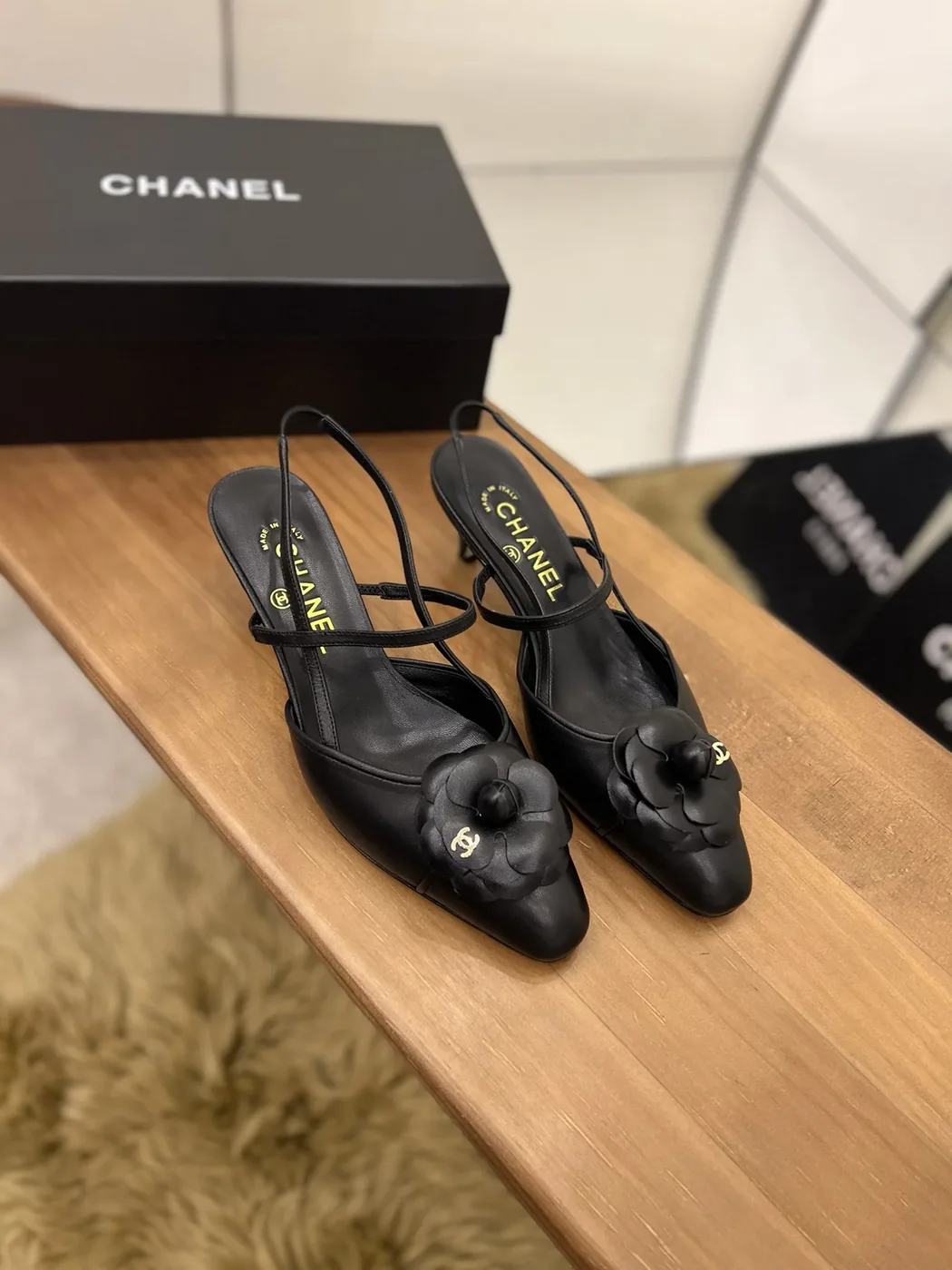 Chanel Camellia Flower Slingback Black for Women