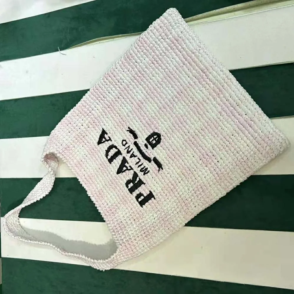 Prada Crochet Tote Bag with Embroidered Lettering Logo for Women in Pink