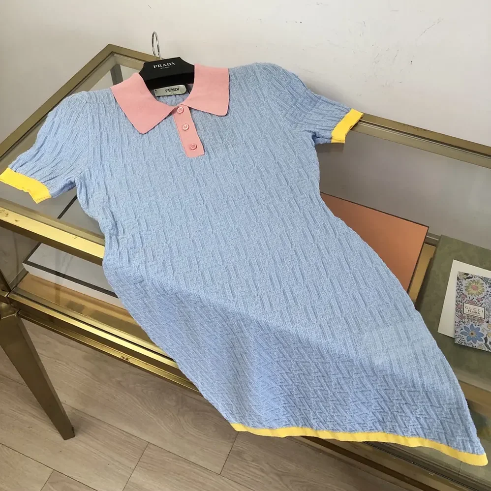 Fendi Blue FF Cotton and Silk Dress for Women Fendi Blue FF Cotton and Silk Dress for Women