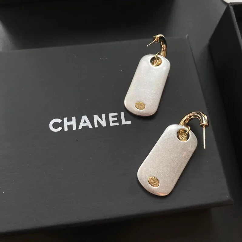 Chanel Dangling Big Tag Earrings Gold Tone