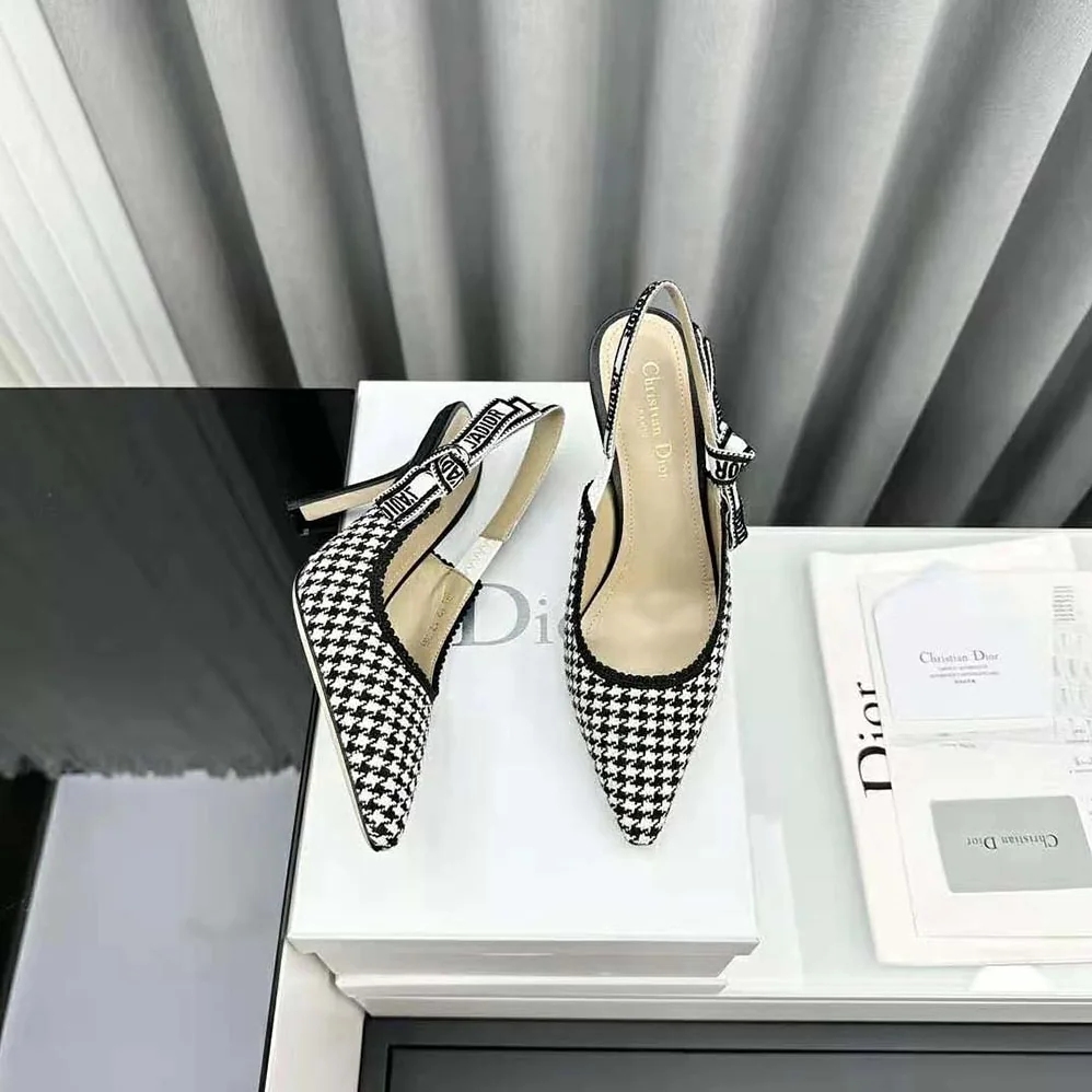 Dior J'Adior Slingback Pump White and Black Micro for Women in Houndstooth Embroidered Cotton
