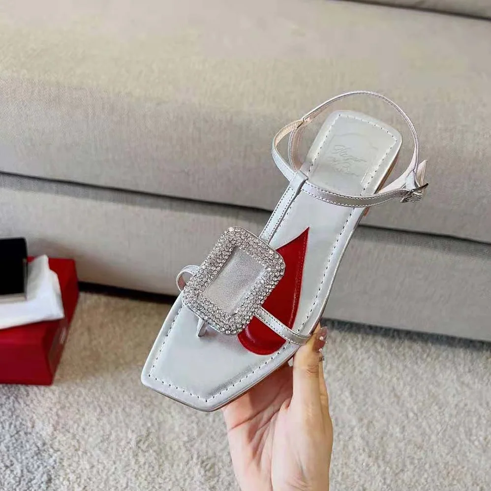 Roger Vivier Viv Choc Strass Buckle Thong Sandals in Leather for Women in Silver Roger Vivier Viv Choc Strass Buckle Thong Sandals in Leather for Women in Silver