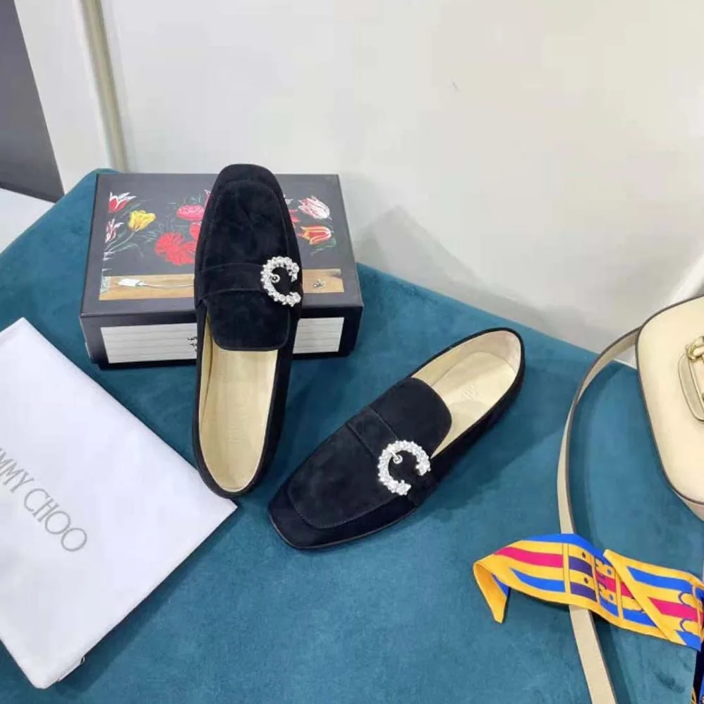 Jimmy Choo Mani Flat Black Suede Loafers with Crystal Buckle for Women