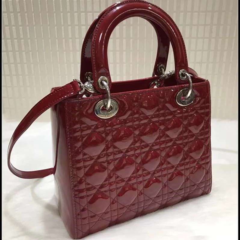 Dior Lady Dior Bag in Patent Cannage Calfskin in Maroon