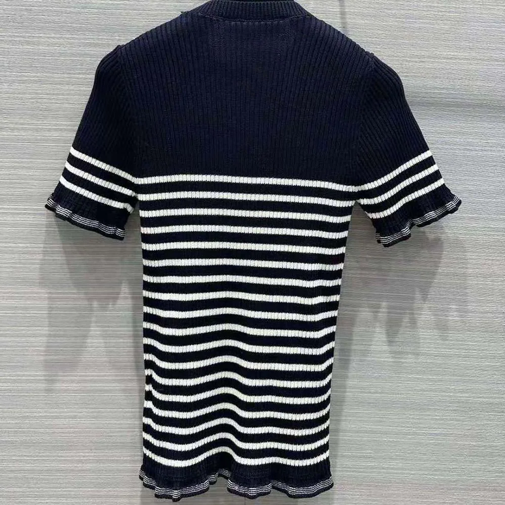 Dior Short-Sleeved Sweater Navy Blue and White Cotton Ribbed Knit with Signature for Women