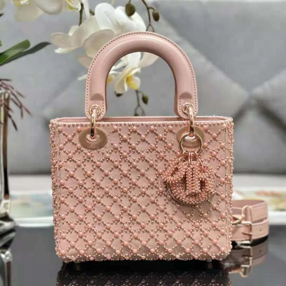 Dior Small Lady Dior Bag Rose Des Vents Cannage Calfskin Embroidered with Resin Pearls for Women Dior Small Lady Dior Bag Rose Des Vents Cannage Calfskin Embroidered with Resin Pearls for Women