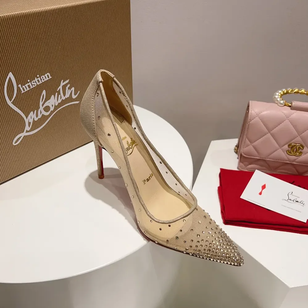 Christian Louboutin Follies Strass 100 mm Pumps Net Suede Calf and Strass for Women in Beige Christian Louboutin Follies Strass 100 mm Pumps Net Suede Calf and Strass for Women in Beige