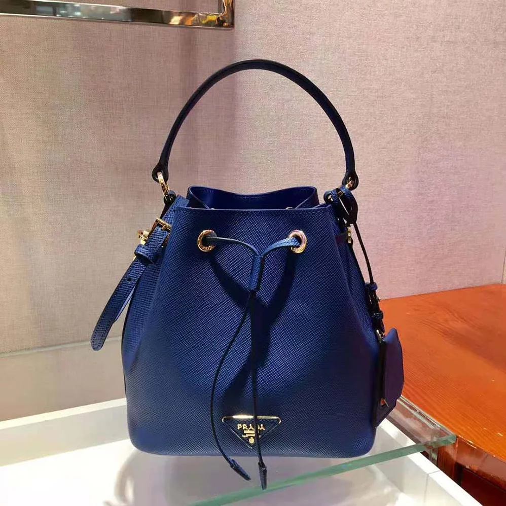 Prada Saffiano Leather Bucket Bag for Women in Navy