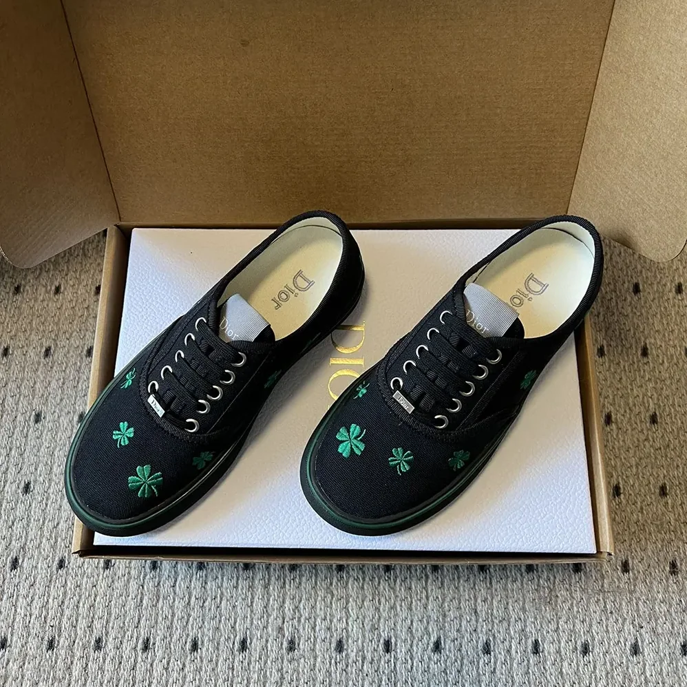 Dior Saltwind Sneaker Black Cotton Embroidered with Bright Green Dior Clover Motif for Unisex