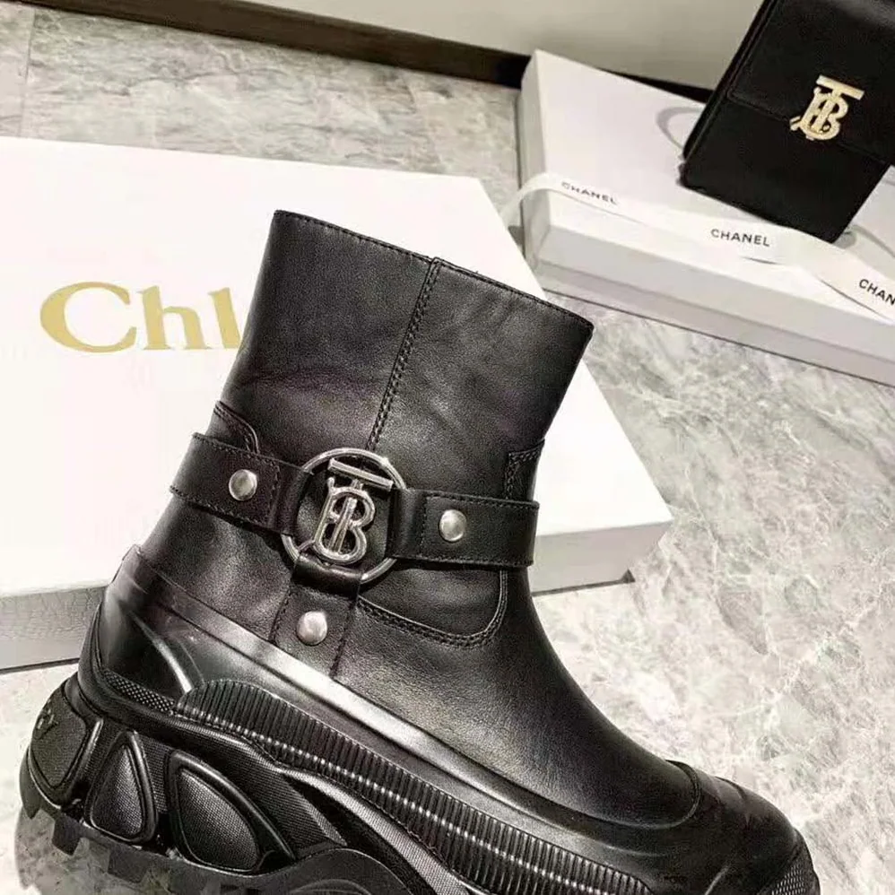 Burberry Monogram Motif Buckle Leather Boots for Women in Black Burberry Monogram Motif Buckle Leather Boots for Women in Black