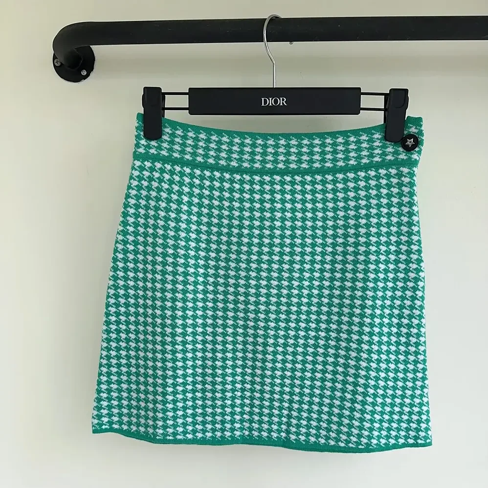 Dior Dioriviera Flared Miniskirt White and Aquamarina Houndstooth Technical Knit for Women