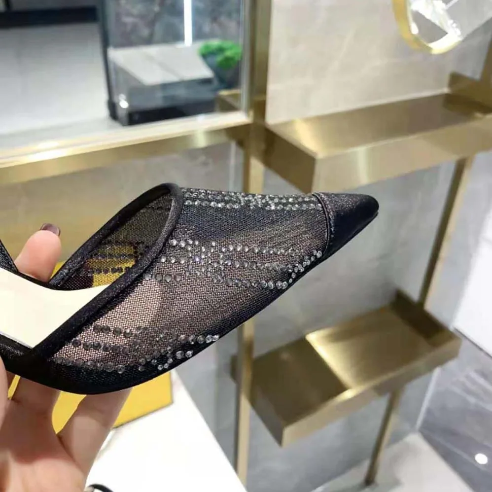 Fendi Colibri Black Mesh High-Heeled Slingbacks with Rhinestone Embroidery for Women Fendi Colibri Black Mesh High-Heeled Slingbacks with Rhinestone Embroidery for Women