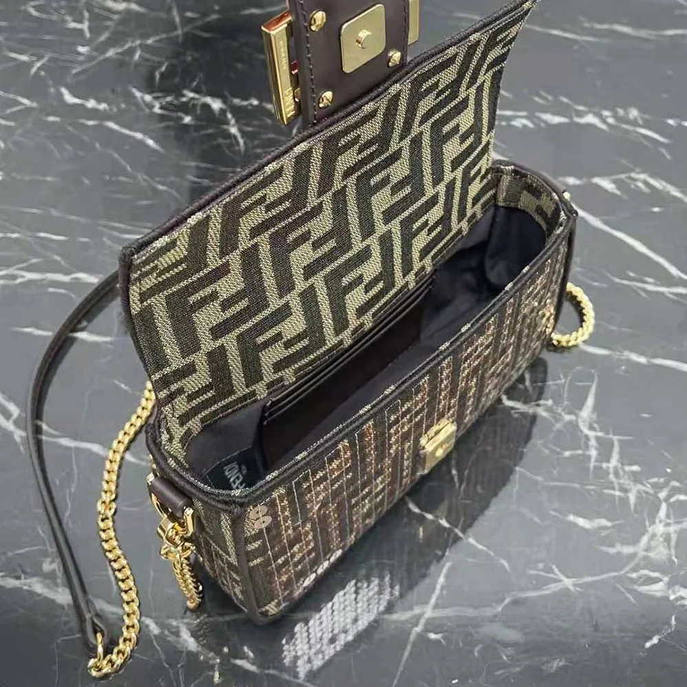 Fendi Baguette Mini Brown FF Jacquard Fabric Bag with Sequins for Women Fendi Baguette Mini Brown FF Jacquard Fabric Bag with Sequins for Women