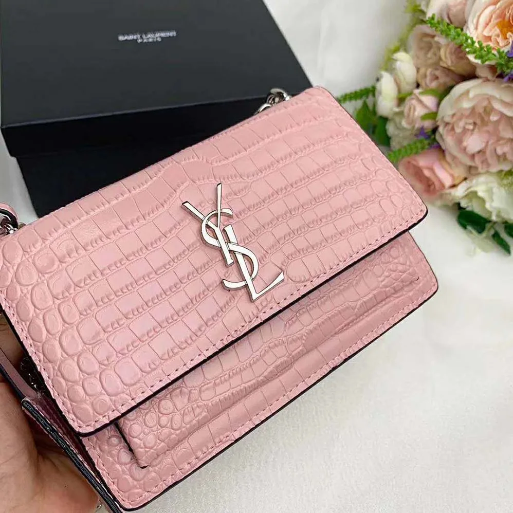 Saint Laurent YSL Sunset Medium Crocodile Embossed Shiny for Women in Pink Saint Laurent YSL Sunset Medium Crocodile Embossed Shiny for Women in Pink