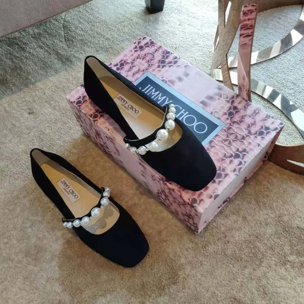 Jimmy Choo Ade Flat Ballet Black Suede Flats with Pearl Embellishment for Women
