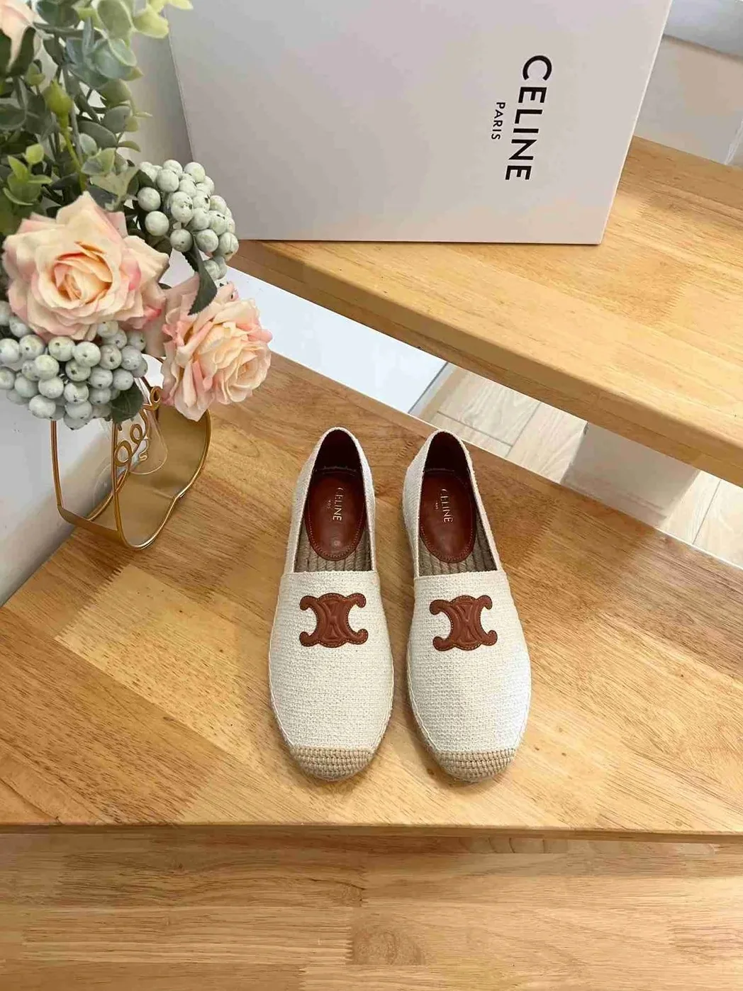 Celine Flat Espadrille With Triomphe Patch In Tweed White