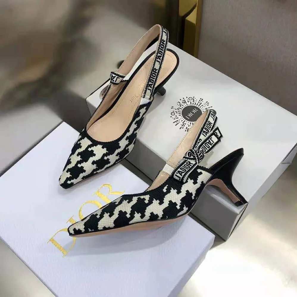 Dior J'Adior Slingback Pump Black and White Cotton Embroidery for Women Dior J'Adior Slingback Pump Black and White Cotton Embroidery for Women