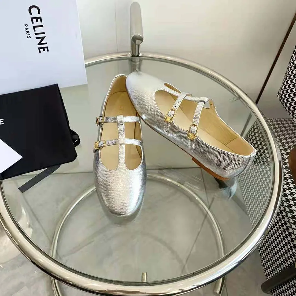 Celine Les Ballerines Celine Double Strap Mary Jane in Lizard Stamped Metalized Calfskin for Women Celine Les Ballerines Celine Double Strap Mary Jane in Lizard Stamped Metalized Calfskin for Women