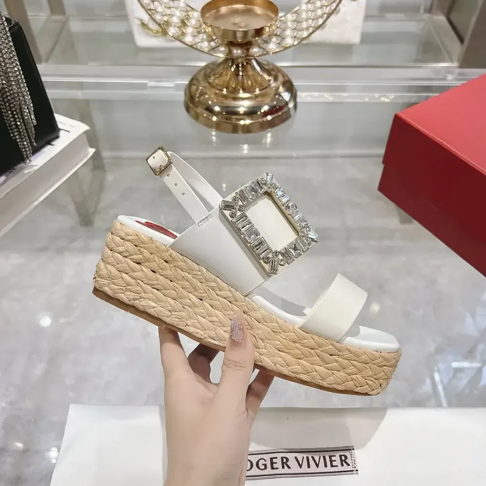 Roger Vivier Strass Buckle Raffia Wedge Sandals in Leather for Women Roger Vivier Strass Buckle Raffia Wedge Sandals in Leather for Women