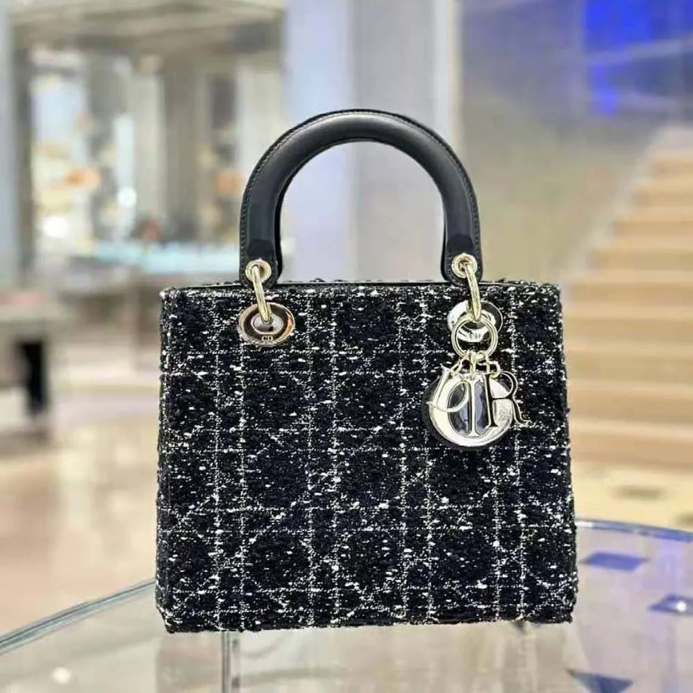 Dior Medium Lady D-lite Bag Black Cannage Tweed for Women Dior Medium Lady D-lite Bag Black Cannage Tweed for Women