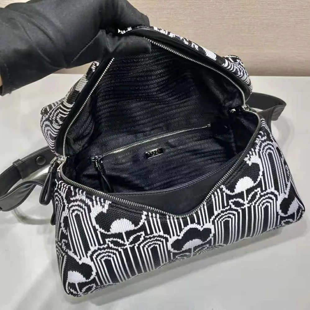 Prada Jacquard Knit and Leather Prada Signaux Bag for Women in Black