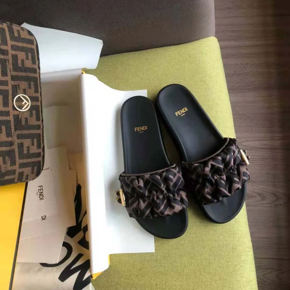 Fendi Vertigo Brown Satin Slides for Women