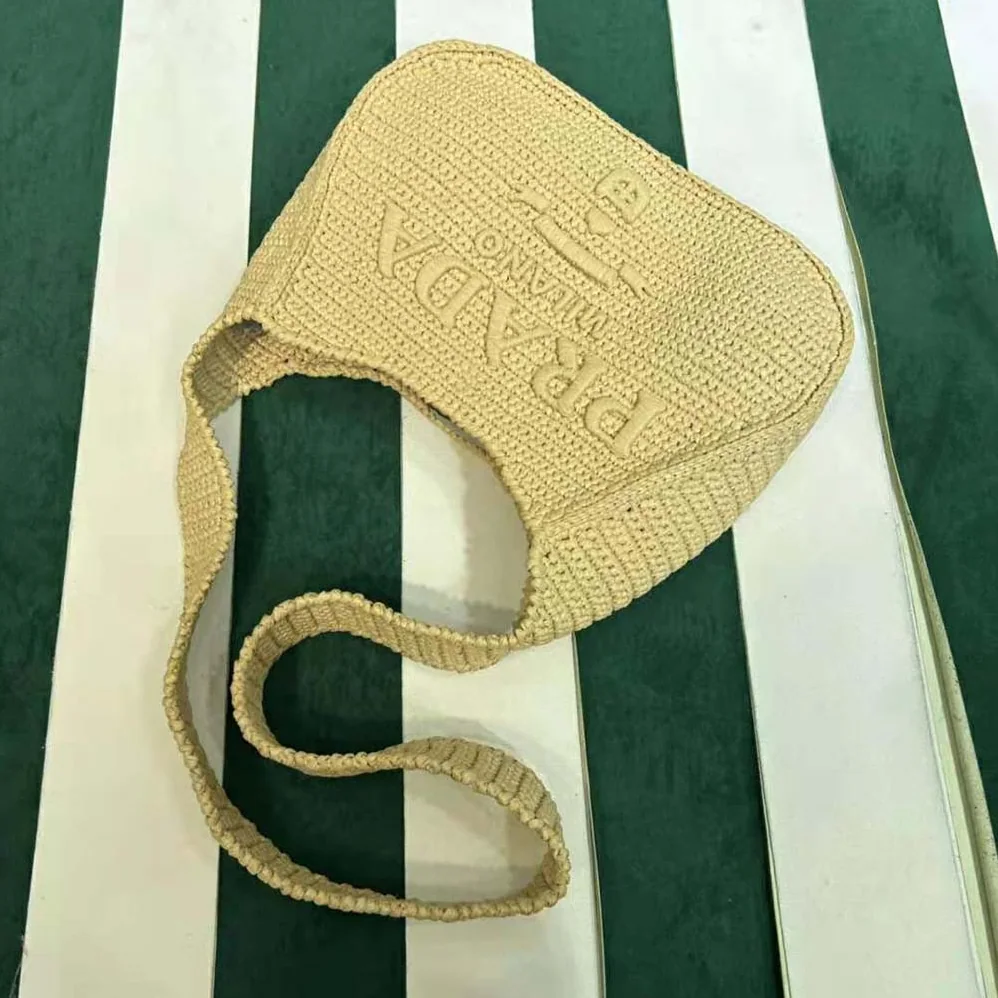 Prada Crochet Tote Bag with Embroidered Lettering Logo for Women in Natural Prada Crochet Tote Bag with Embroidered Lettering Logo for Women in Natural