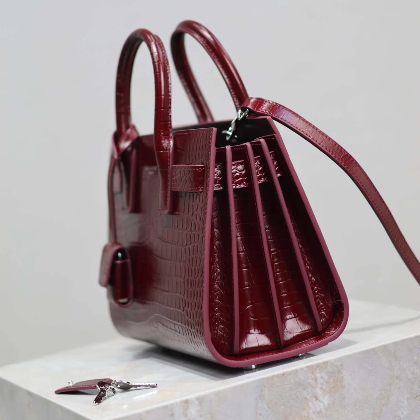 Saint Laurent YSL Sac De Jour in Crocodile Embossed Leather Nano for Women in Maroon Saint Laurent YSL Sac De Jour in Crocodile Embossed Leather Nano for Women in Maroon