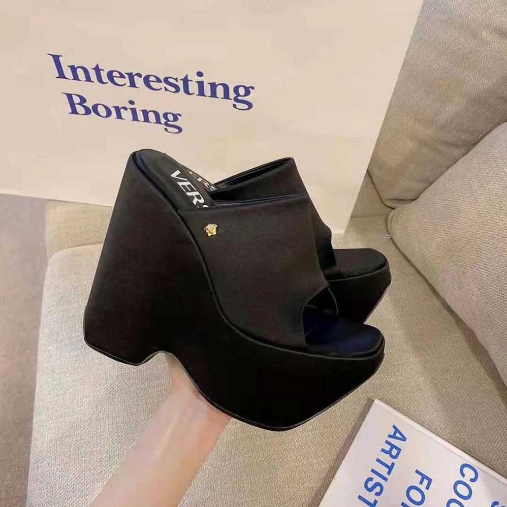 Versace Triplatform Leather Mules for Women in Black