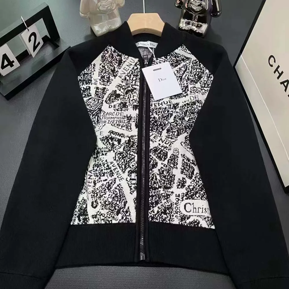 Dior Cropped Bomber Jacket Black and White Technical Taffeta Jacquard with Plan de Paris Motif for Women