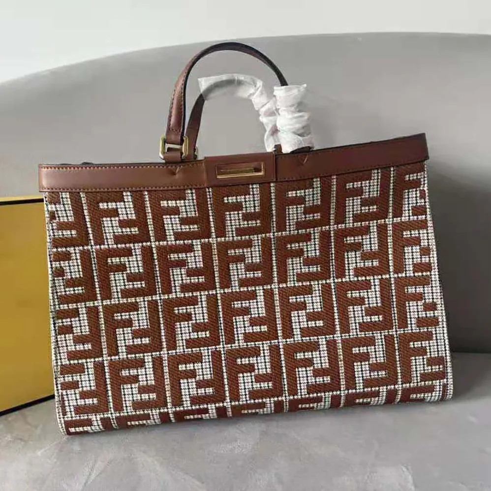 Fendi X-Tote Brown Houndstooth Wool Shopper with FF Embroidery for Women