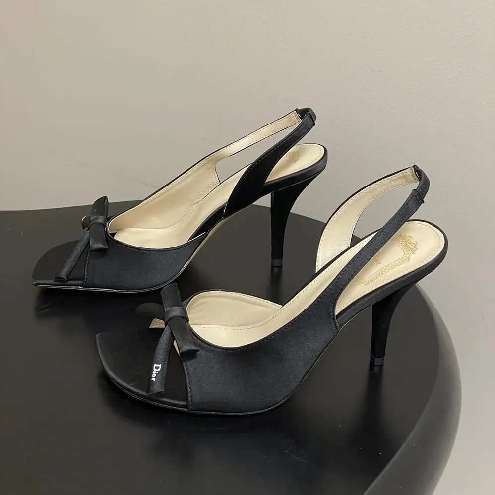 Dior Dior Bow Heeled Slingback Sandal Black Satin for Women