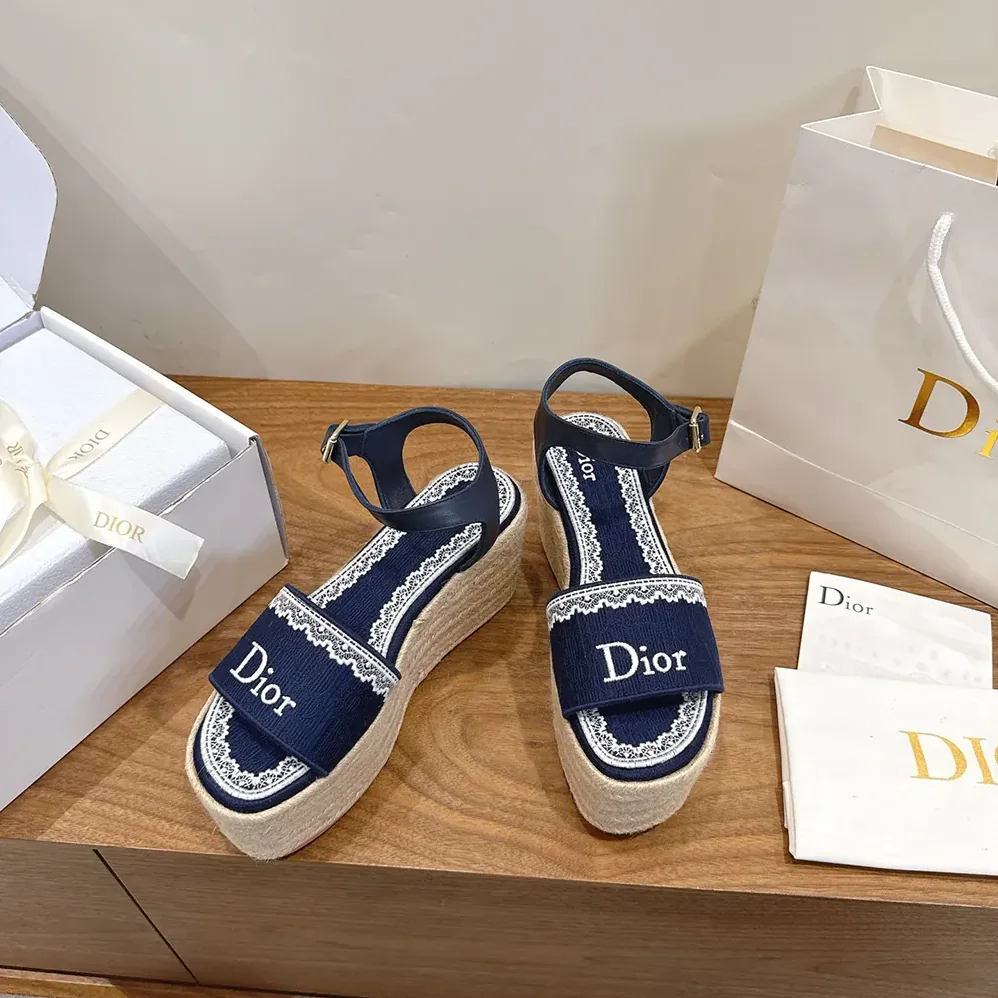 Dior Dentelle Wedge Sandal Navy Blue Dior Oblique Embroidered Cotton and White Lace for Women Dior Dentelle Wedge Sandal Navy Blue Dior Oblique Embroidered Cotton and White Lace for Women