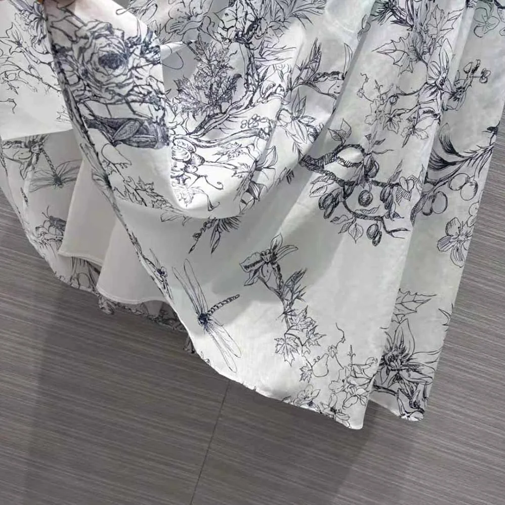 Dior Mid-Length Skirt Navy Blue Cotton Muslin with Toile de Jouy Flowers Motif for Women