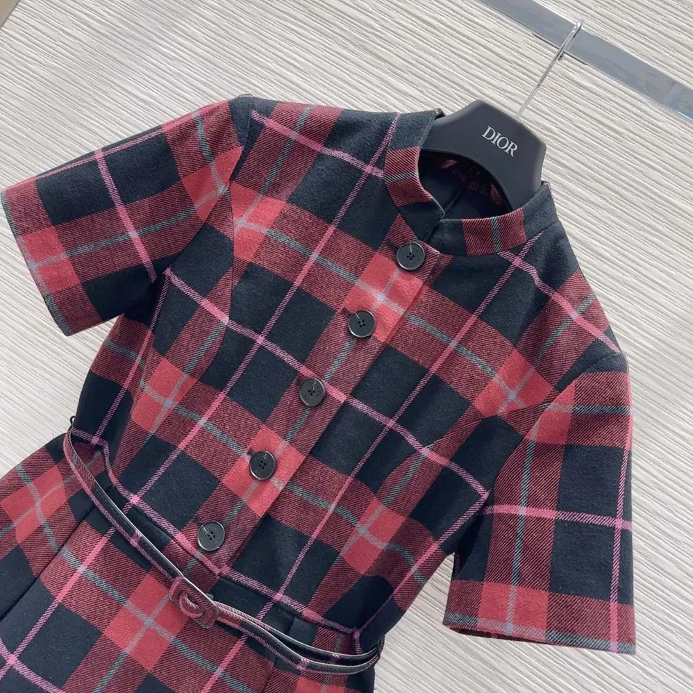 Dior Short Belted Dress Pink Gray and White Check'n'Dior Virgin Wool for Women Dior Short Belted Dress Pink Gray and White Check'n'Dior Virgin Wool for Women