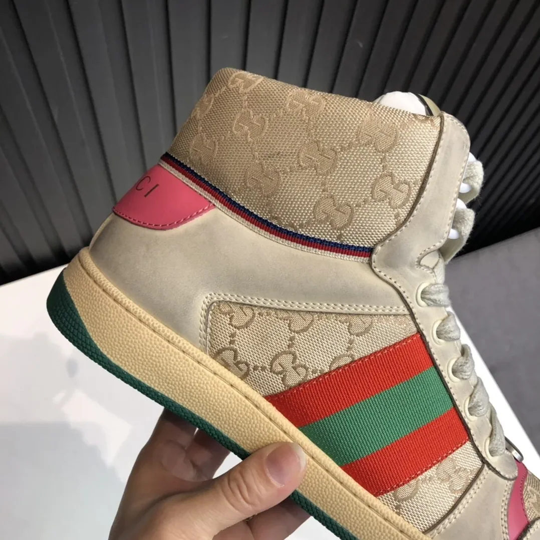 Gucci Screener GG Distressed High Top Off for Men in White Pink Gucci Screener GG Distressed High Top Off for Men in White Pink