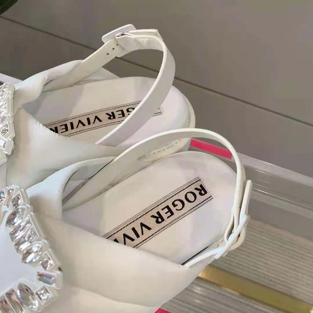 Roger Vivier Viv Winter Strass Buckle Sandals in Technical Fabrics for Women in White Roger Vivier Viv Winter Strass Buckle Sandals in Technical Fabrics for Women in White