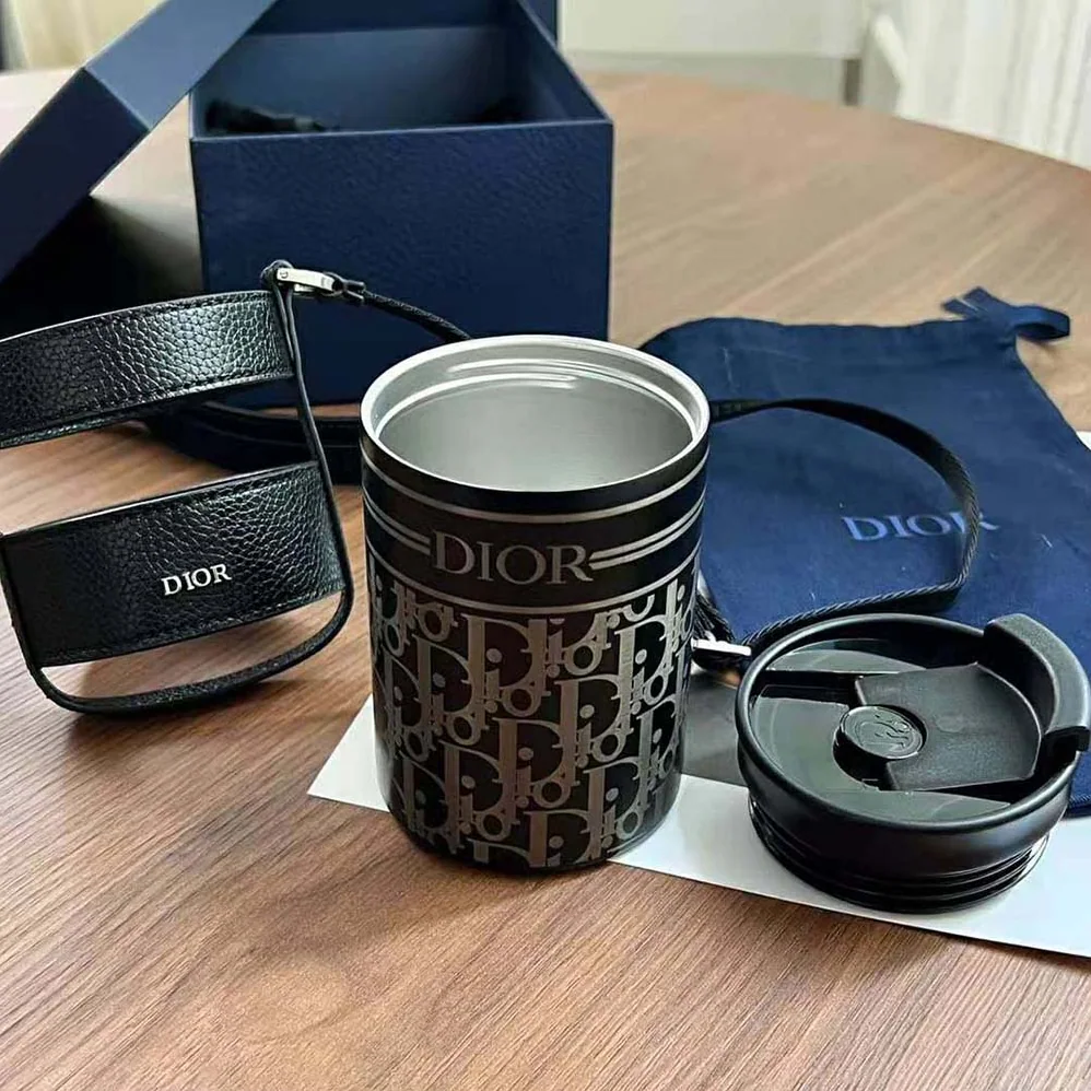 Dior Aqua Mug with Shoulder Strap Black Grained Calfskin and Dior Oblique Stainless Steel for Unisex
