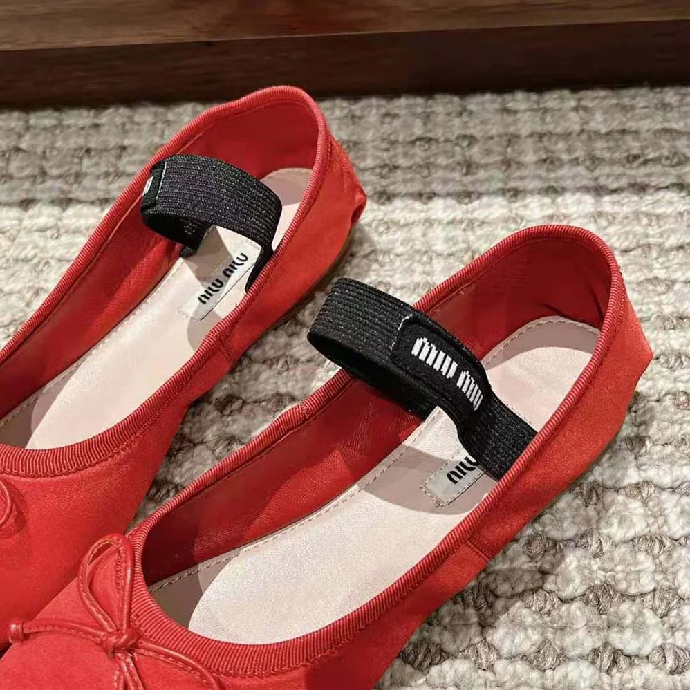 Miu Miu Satin Ballerinas with Knit Logo Label for Women in Red